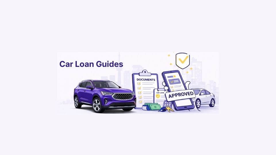 Flat vector illustration of car and documents for car loans in Canada.